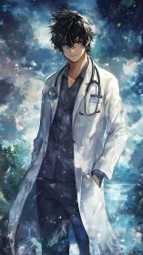 Brooding male clinician in lab coat amid abstract teal nebula