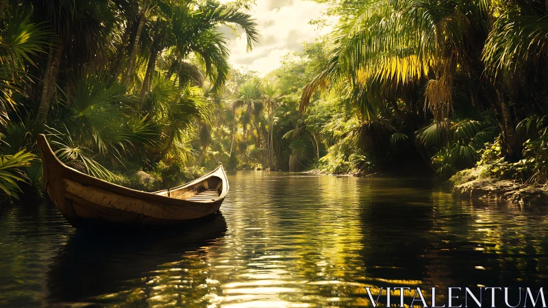 Wooden boat moored in tropical waterway among dense palm vegetation.