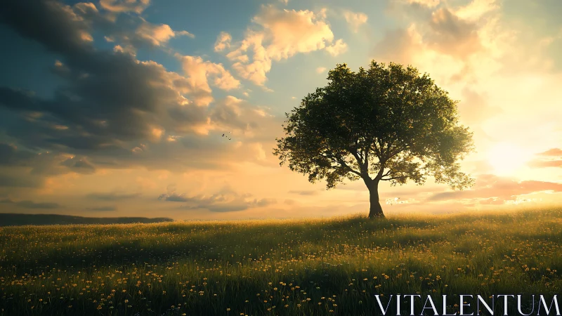 Solitary tree in golden meadow at sunset, realistic landscape scene.