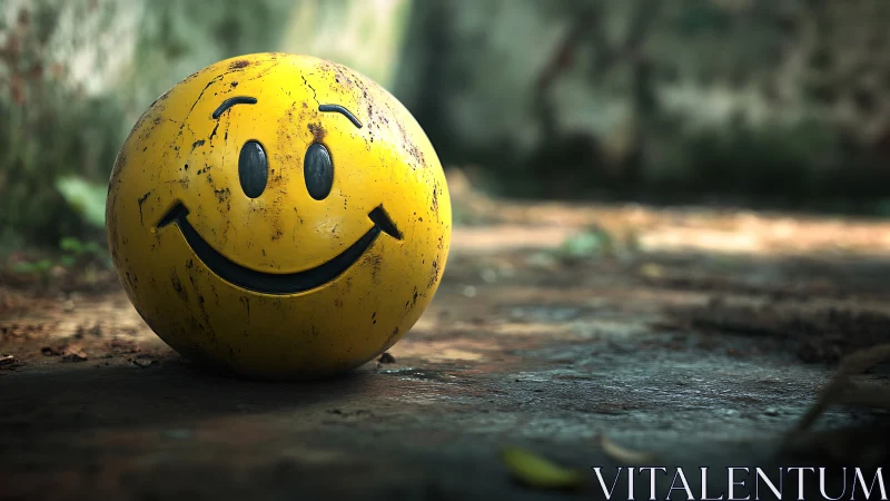 Yellow smiley ball rests on worn outdoor concrete ground