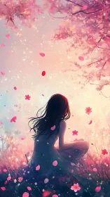 Girl beneath cherry dusk dreaming in a petal-tossed sky.