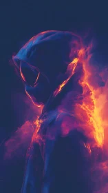Hooded neon figure rendered in volumetric firelight gradients