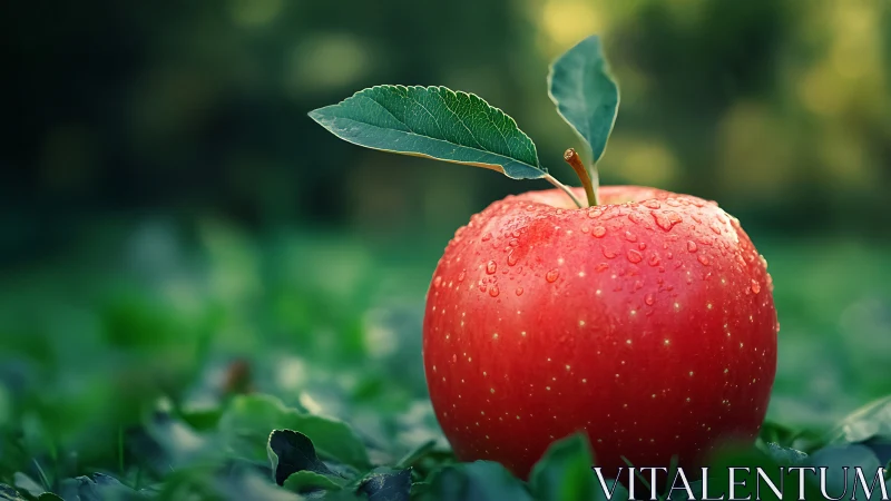 Red apple with water droplets rests on green ground cover