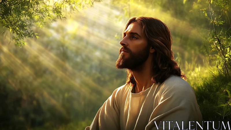 Bearded robed figure in sunlit forest clearing, side profile.