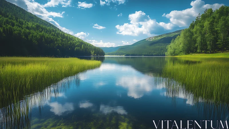 Peaceful mountain lake wrapped in summer green calm.