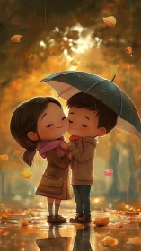 Autumn Rain Embrace: Couple Under Umbrella in Golden Light.