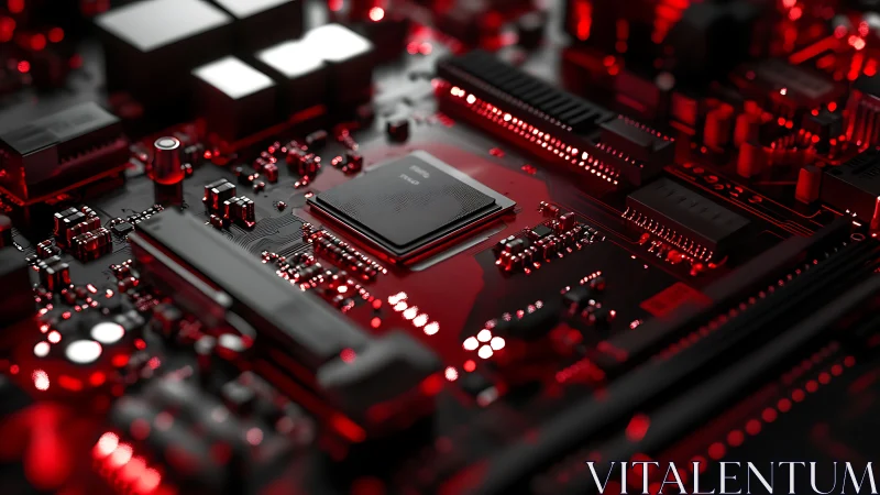Red lit computer motherboard closeup shows central processor