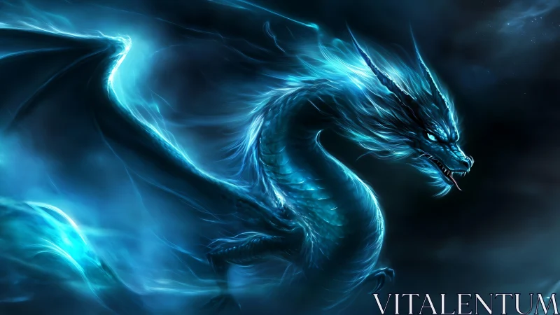 Storm-lit azure dragon in swirling spectral energy clouds.