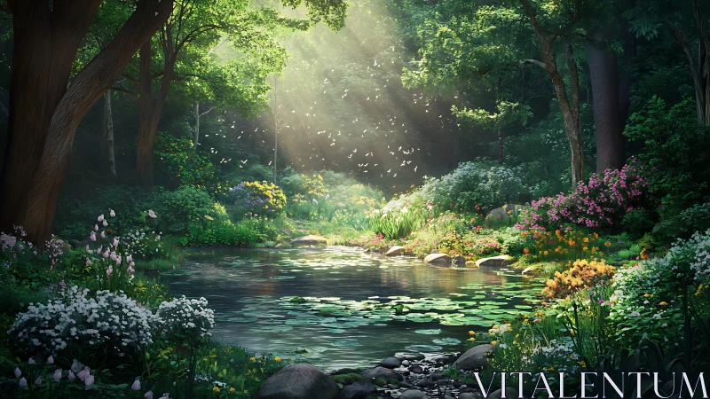 Forest Stream with Flowering Garden Landscape.