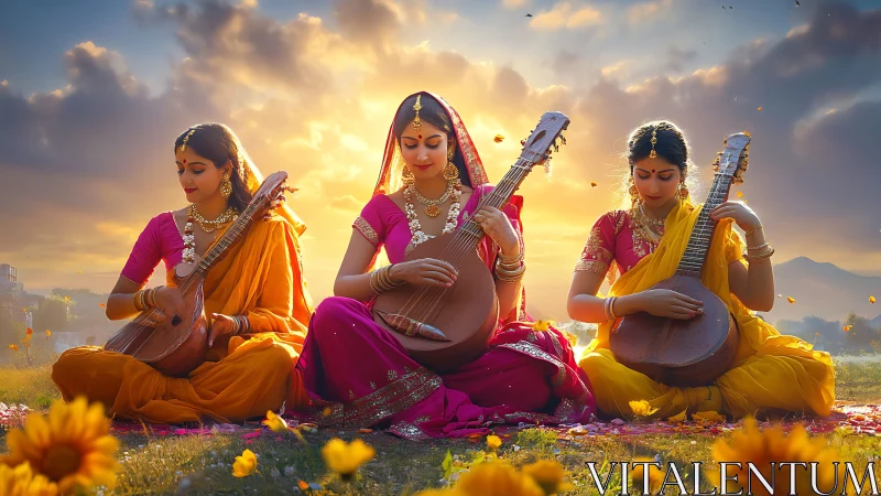 Three sitar players in vibrant saris under golden sunset sky
