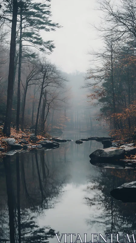 Misty Forest Stream Reflecting Autumn Solitude