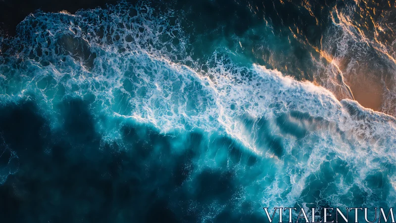 Aerial ocean breakers crash over glowing shoreline edge