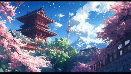 Spring pagoda courtyard with cherry blossoms and distant radio tower