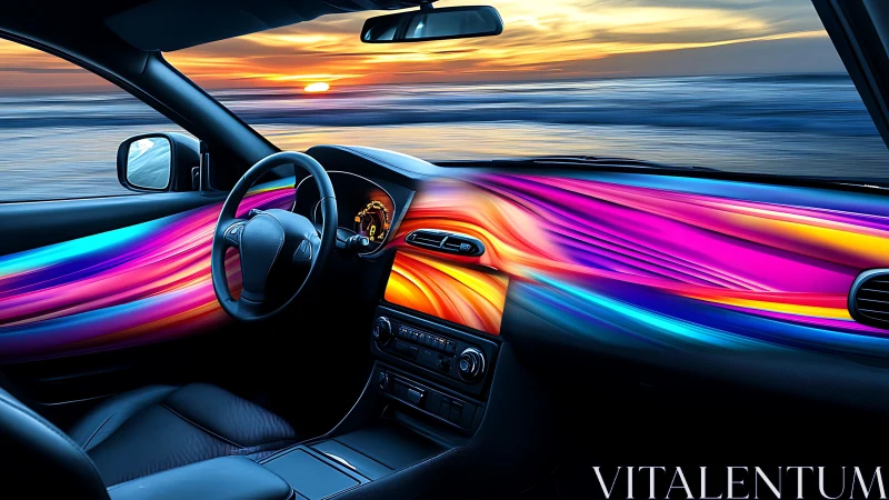 Car interior shows digital light streak dashboard at shoreline