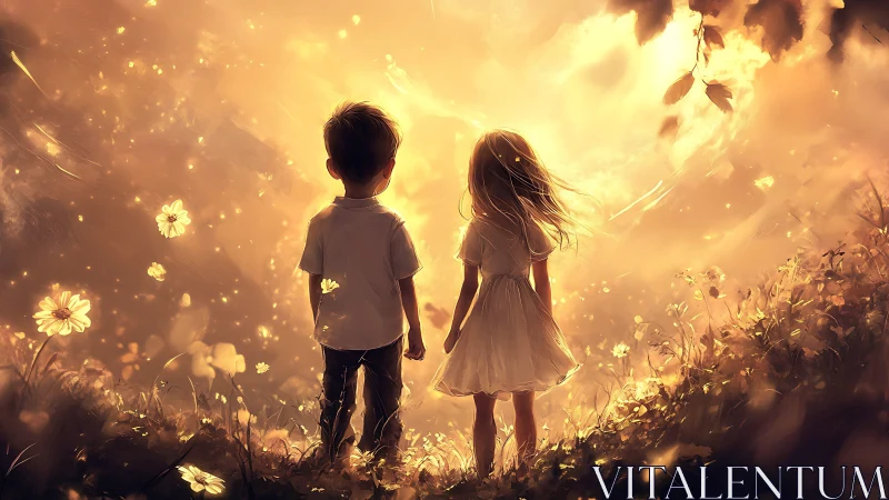 Children Wandering Through an Enchanted Garden of Golden Light.