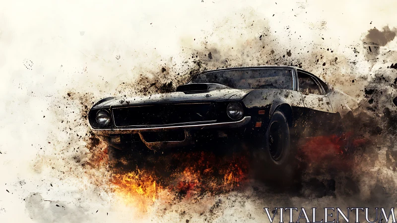 Muscle car erupts through fire and shattered debris in motion.