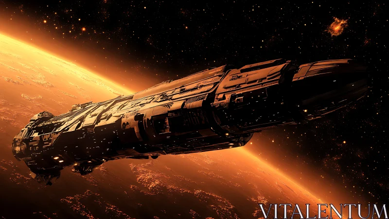 Majestic starship glides over a glowing alien world