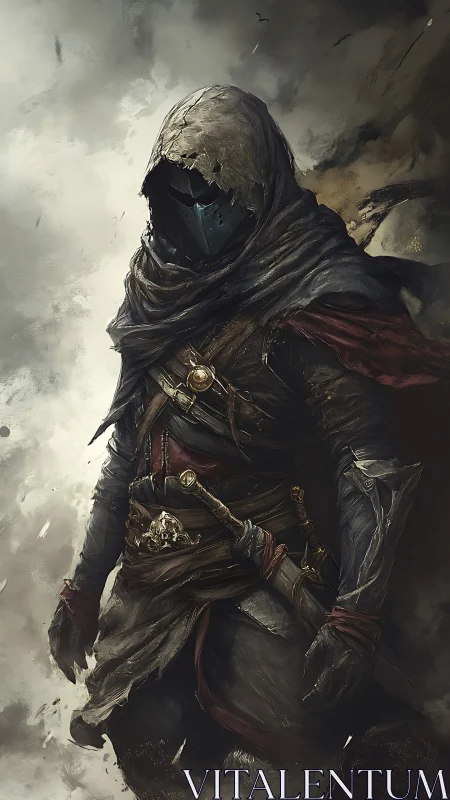 Hooded rogue stalks a stormy battlefield, shrouded in ruin.