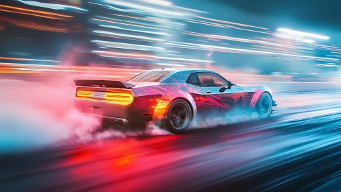 Neon muscle car drifts through a futuristic night cityscape.