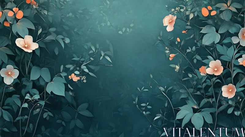 Teal Garden Blooms Floral Composition Abstract Art.