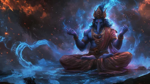 Blue humanoid deity figure in meditative seated pose.