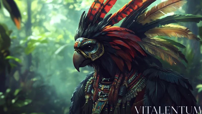 Majestic Tribal Bird Warrior in Lush Jungle, Digital Fantasy Art.