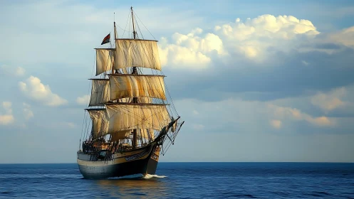 Tall wooden sailing ship on calm open sea under clouds.