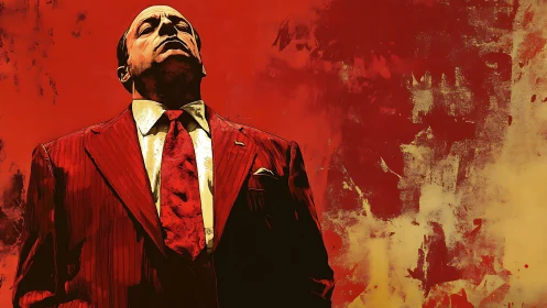 Authoritative suited figure against abstract red backdrop
