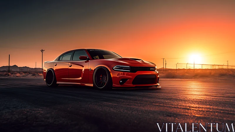 Red performance sedan parked on desert highway at sunset.