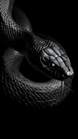 Glossy black serpent portrait in dramatic low key lighting.