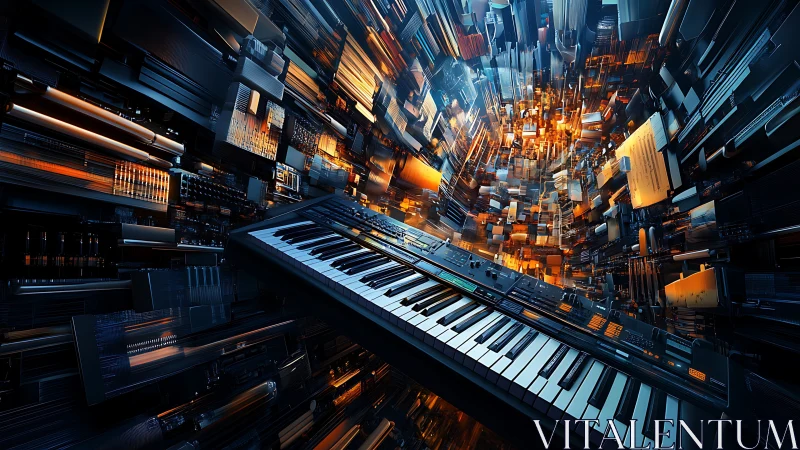 Synth keyboard drives explosive neon cyber cityscape sound