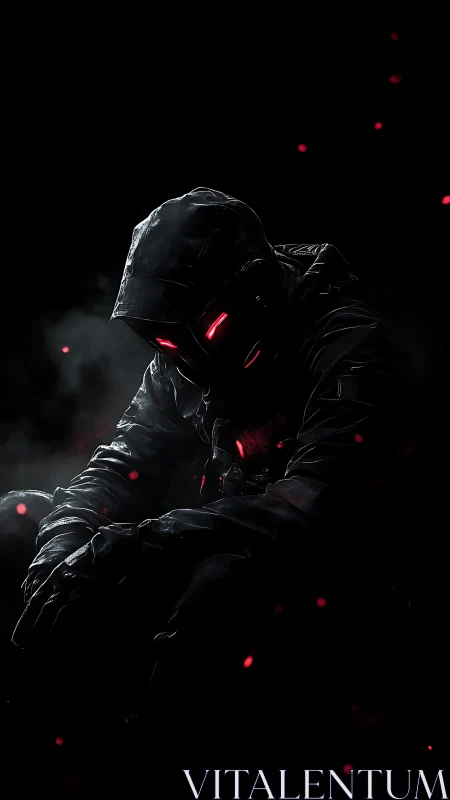 Hooded cyber assassin with red visor in deep shadow.