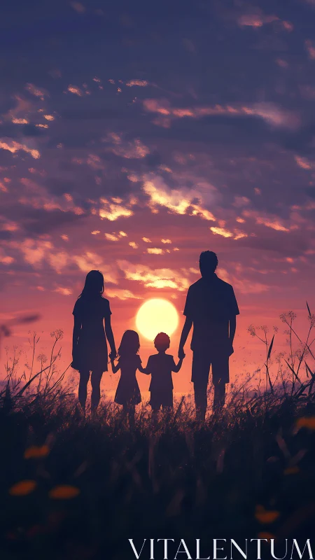 Silhouetted family stands in field facing large setting sun