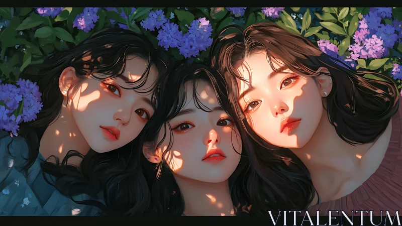 Three illustrated faces lie among lilac flowers in sunlight