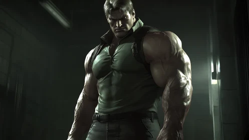 Hyperreal tactical brute in low key industrial corridor.