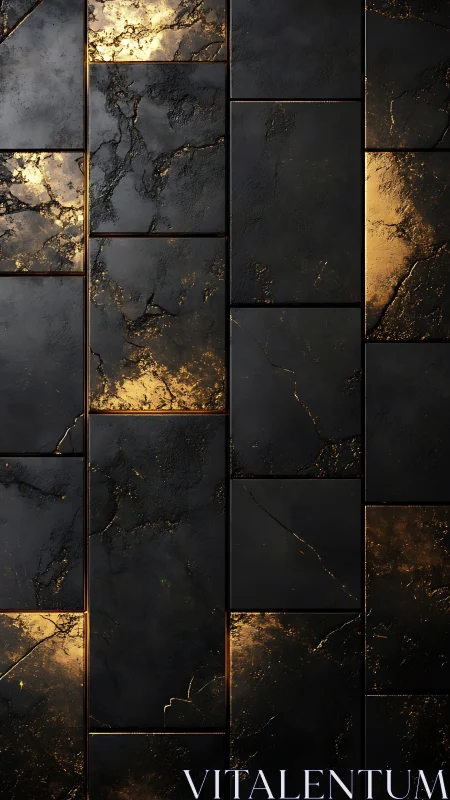 Black basalt tile array with molten gold vein inlays, vertical