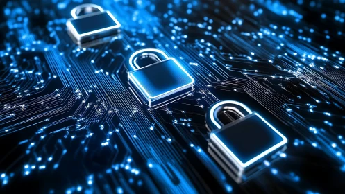 Cybersecurity padlocks guarding glowing data circuits.