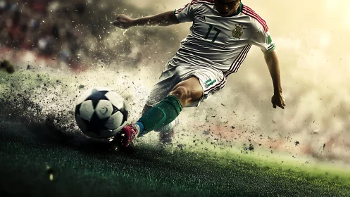 Soccer player in white kit strikes ball on wet grass field.