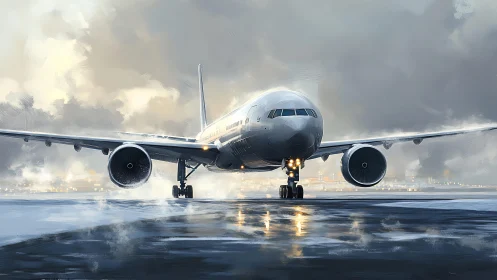 Widebody twinjet on wet runway in low-visibility dawn conditions