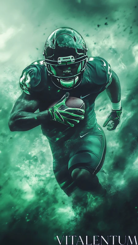 Dynamic green running back in atmospheric digital composite