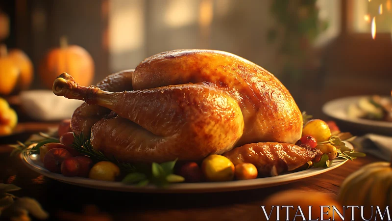 Roasted holiday turkey rendered in warm photorealistic light