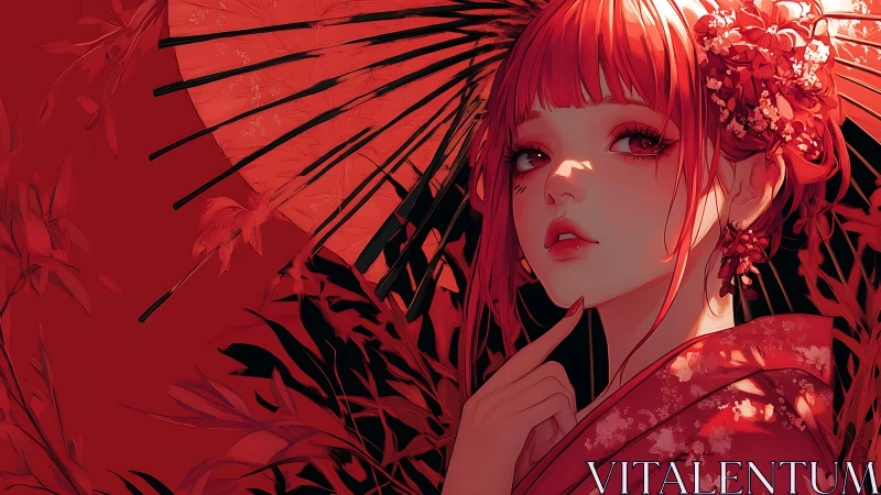 Red haired woman in kimono poses under parasol in profile