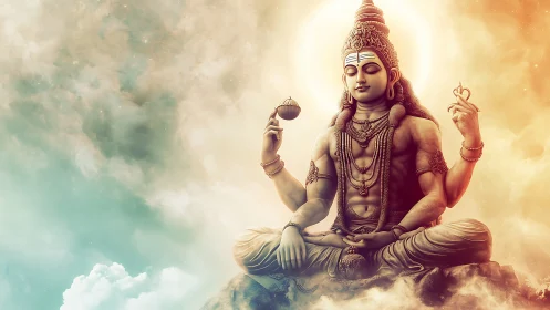 Celestial yogi rests in luminous clouds of sunrise serenity