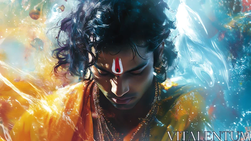 Mystic devotee adrift in swirling auroras of prayerful light.