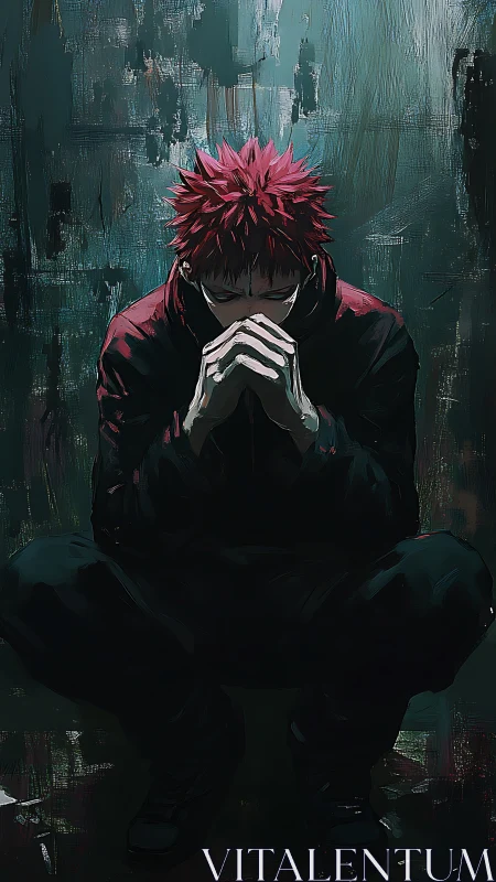 Brooding red-haired anime figure crouches in dim urban room.
