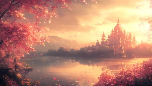 Radiant lakeside palace rendered in warm volumetric sunset light