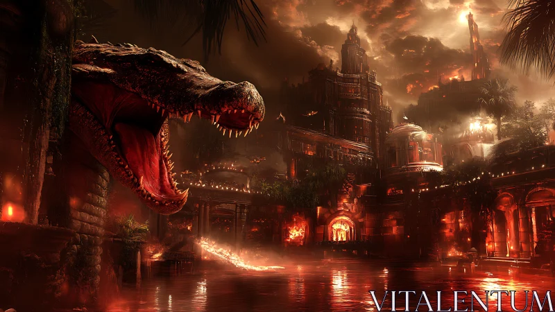 Colossal crocodile guardian before infernal citadel at dusk.