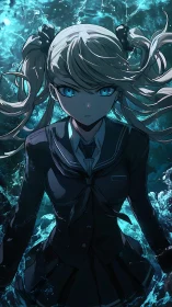 Anime schoolgirl with glowing blue eyes in stormy water.