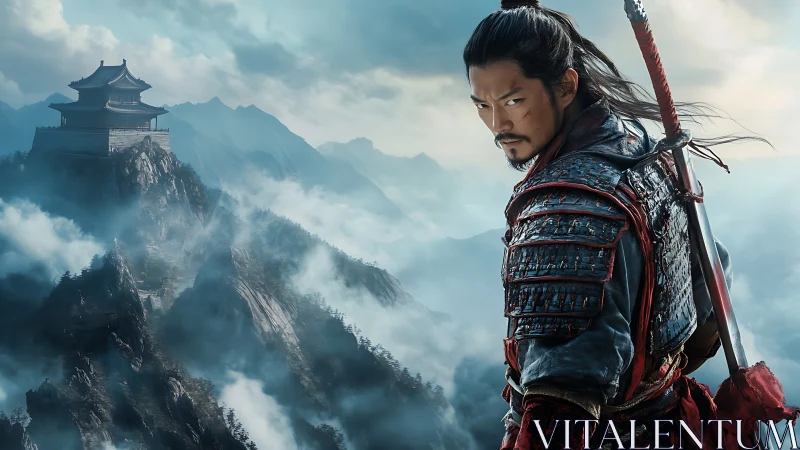 Lone warrior gazing over misty mountain temple stronghold.