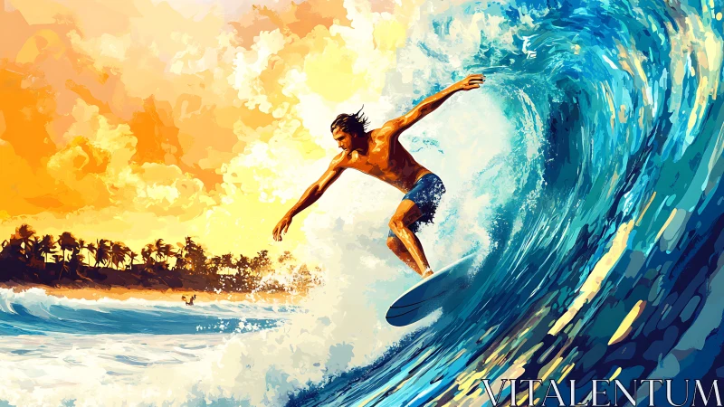 Surfer rides a blazing sunset wave in vibrant digital color